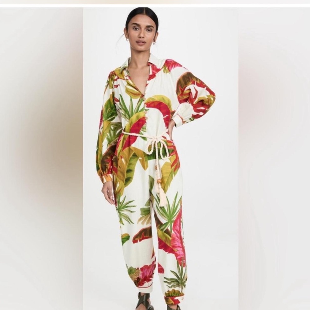 Farm Rio Spring Forest Jumpsuit 🌿 Size S – Linen Blend Beauty